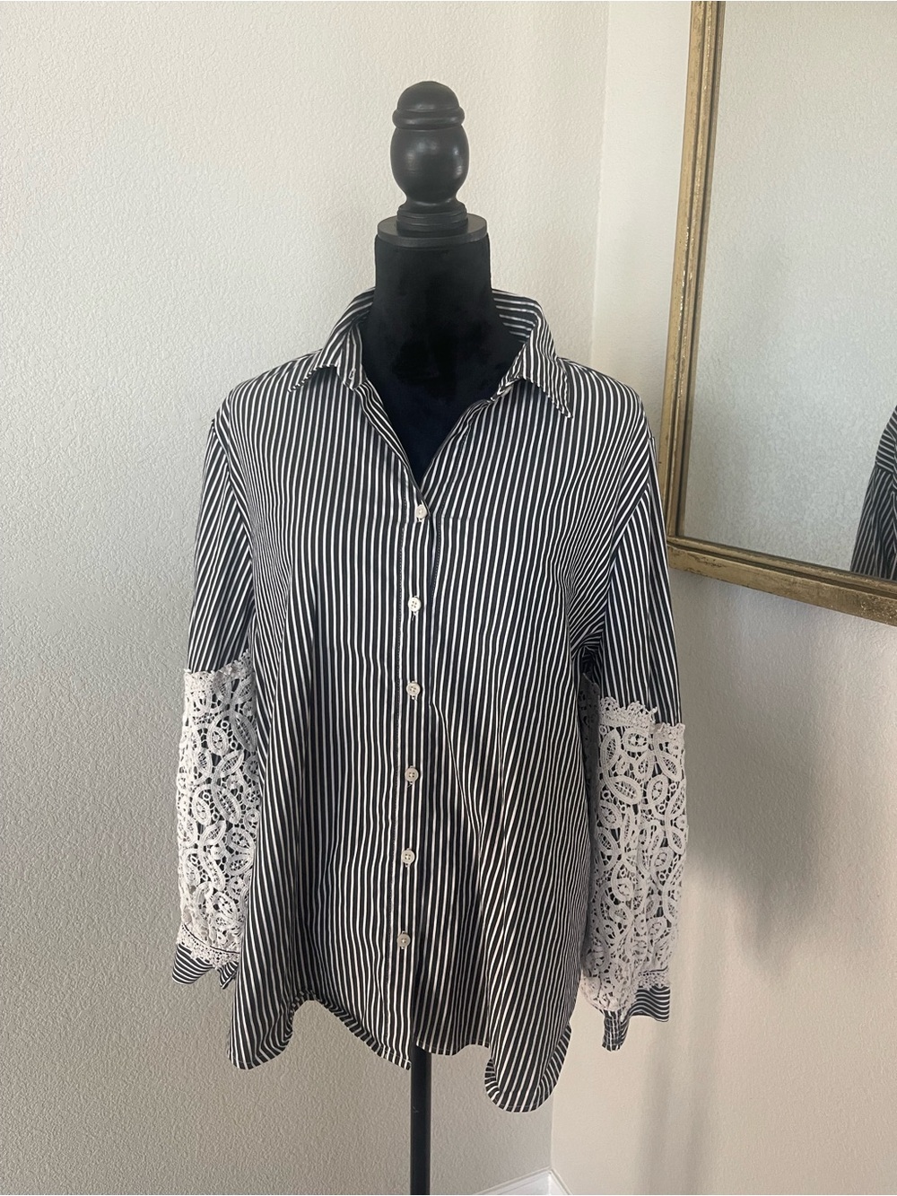 Chico's Black and White Striped Button-Down Shirt with Lace Sleeve Panels